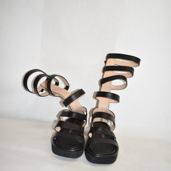 $550 Stuart Weitzman Gala Lift TALL Leather Sandal GLADIATOR BLACK 7  (PA4) - Picture 5 of 10